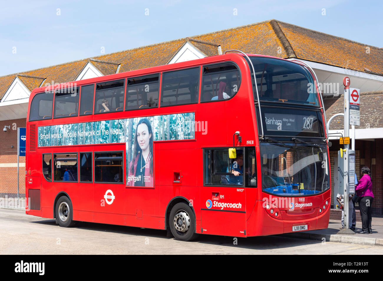 Stagecoach doubledecker bus at bus stop, Rainham Road, Rainham, London