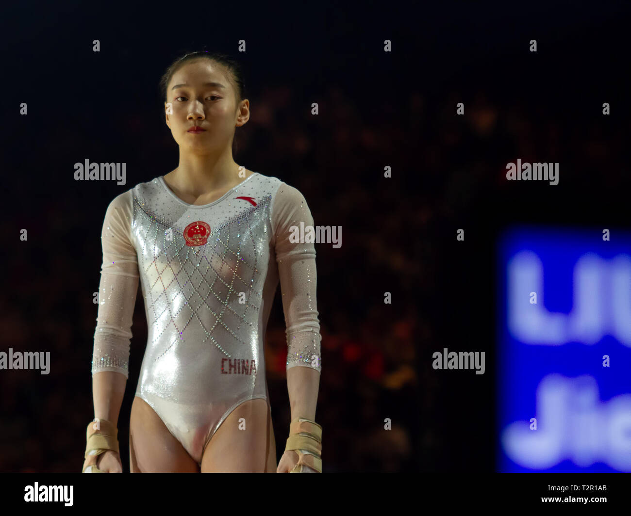 Birmingham, England, UK. 23 March, 2019. China's Jieyu Liu before performing in the women's floor competition, during the 2019 Gymnastics World Cup, a Stock Photo