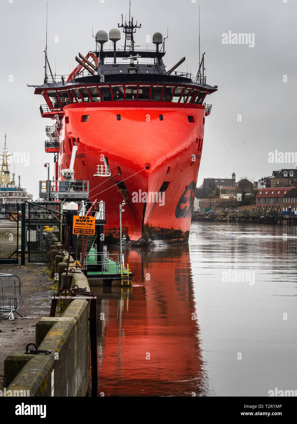 Esvagt Njord - purpose built 84-metre Service Operations Vessel SOV for the Statoil Dudgeon Offshore Wind Farm docked in Great Yarmouth Port UK. Stock Photo