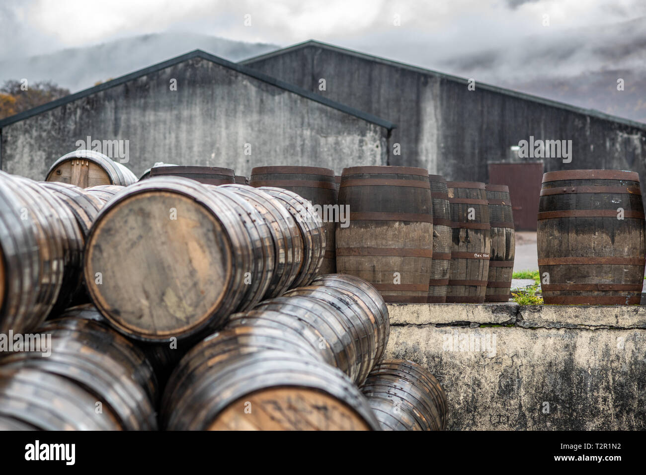 Barrels stacked at Ben Nevis Distillery for whisky aging process in Fort William, Scotland Stock Photo