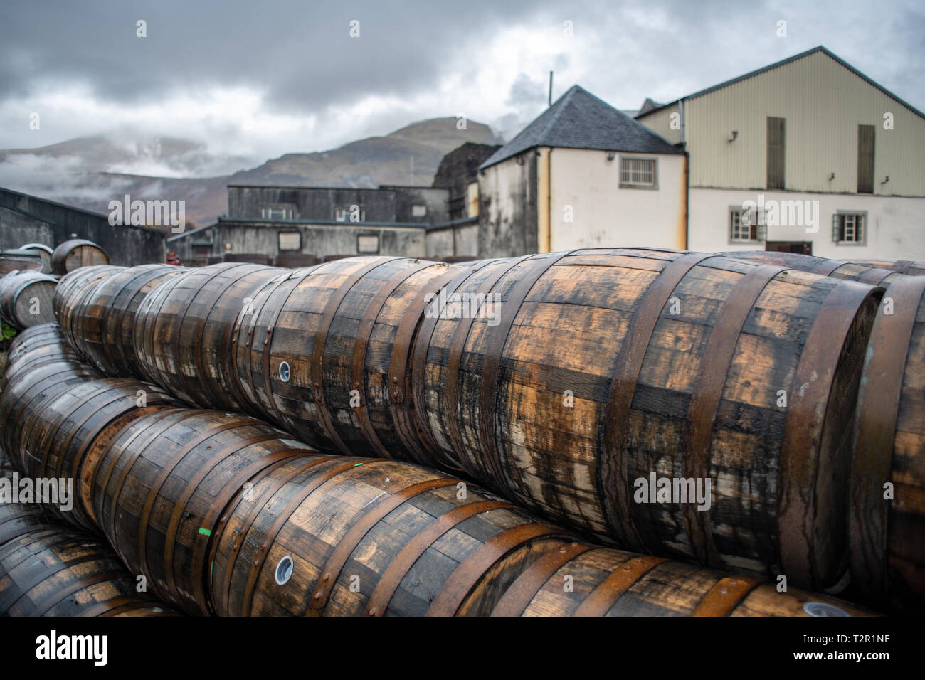 Barrels stacked at Ben Nevis Distillery for whisky aging process in