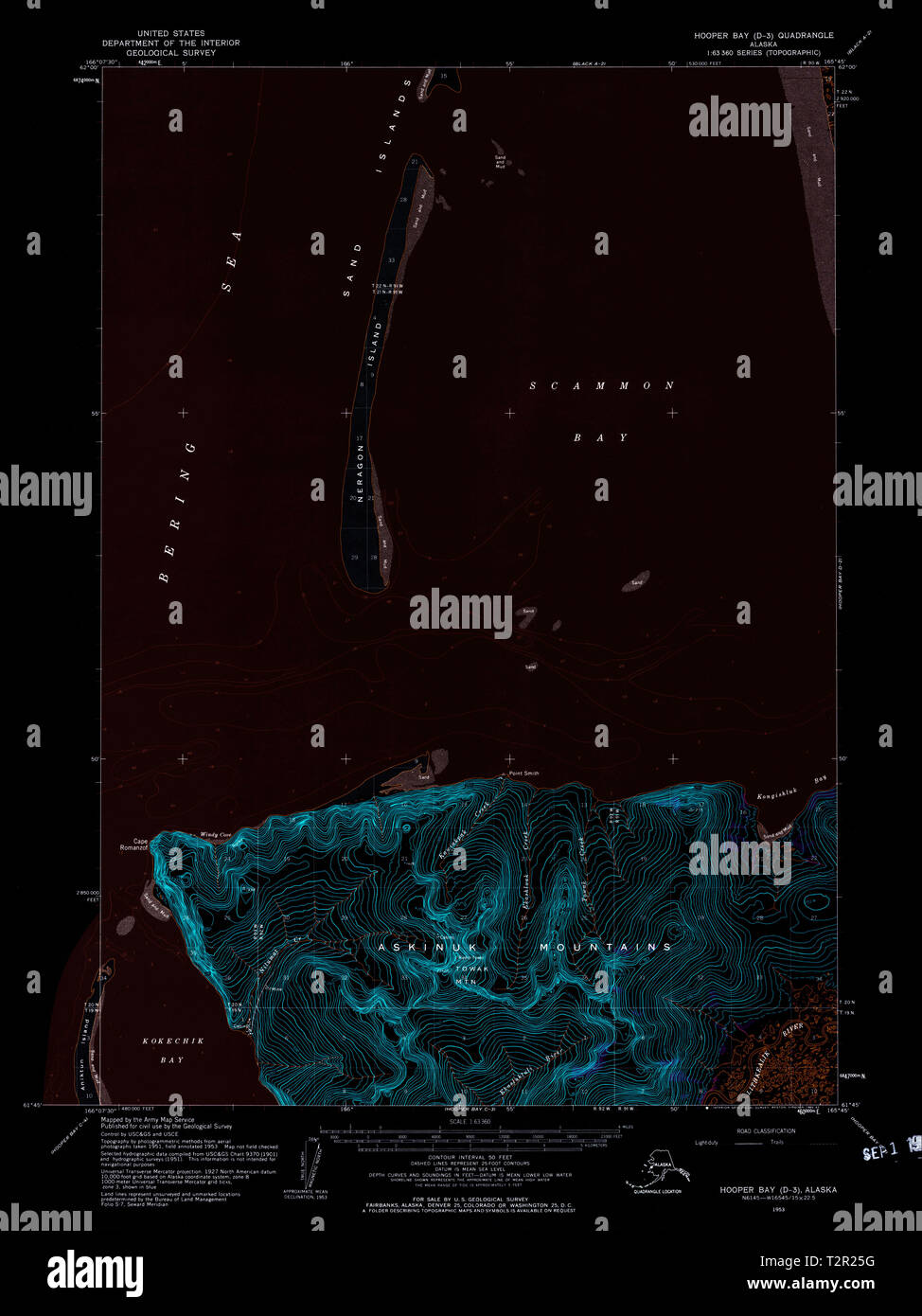 USGS TOPO Map Alaska AK Hooper Bay D3 356090 1953 63360 Inverted