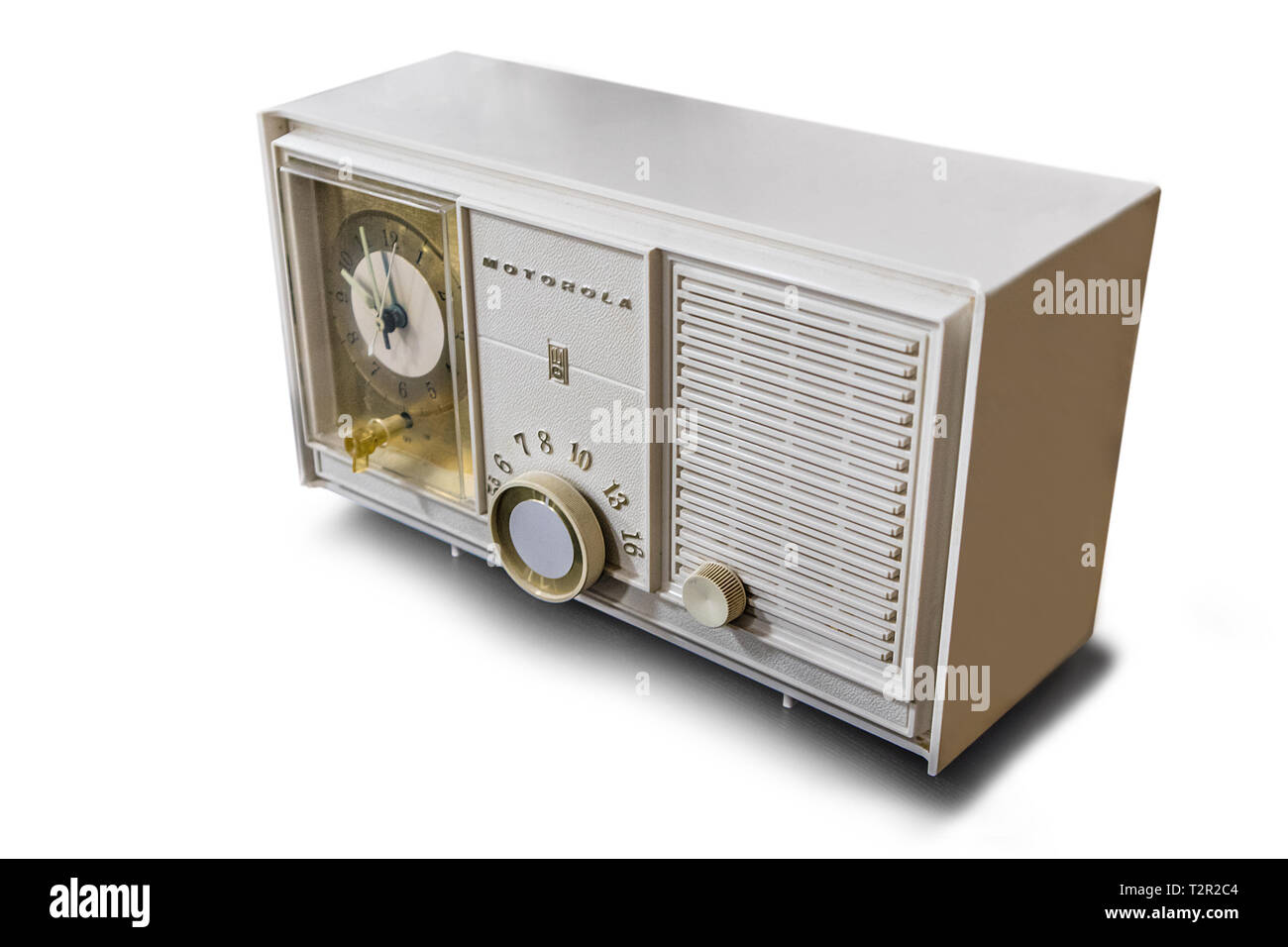 A vintage Motorola clock-radio set, isolated, copy-space. Stock Photo