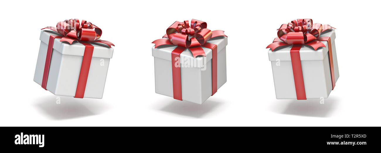 Cube white gift boxes with red ribbon 3D render illustration isolated ...