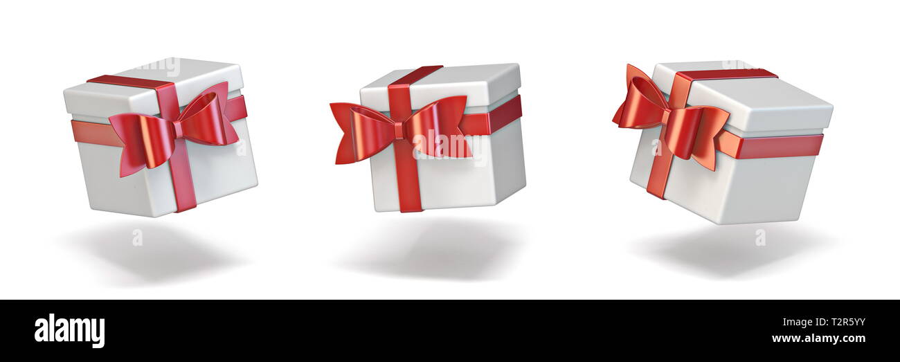 Cube white gift boxes with simple red ribbon 3D render illustration ...
