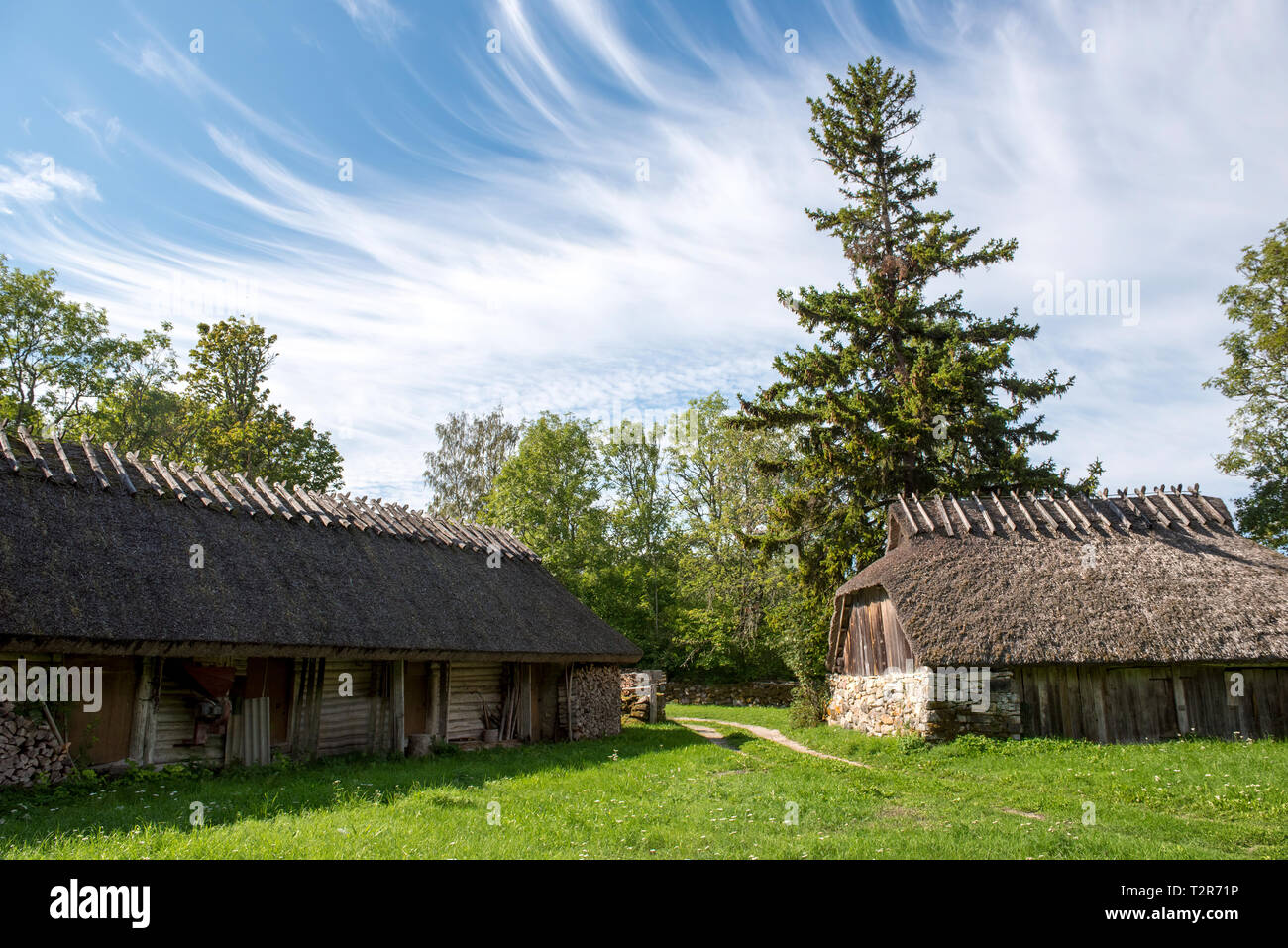 Old Barns With Thatched Roof In Estonia Countryside Ethnographic