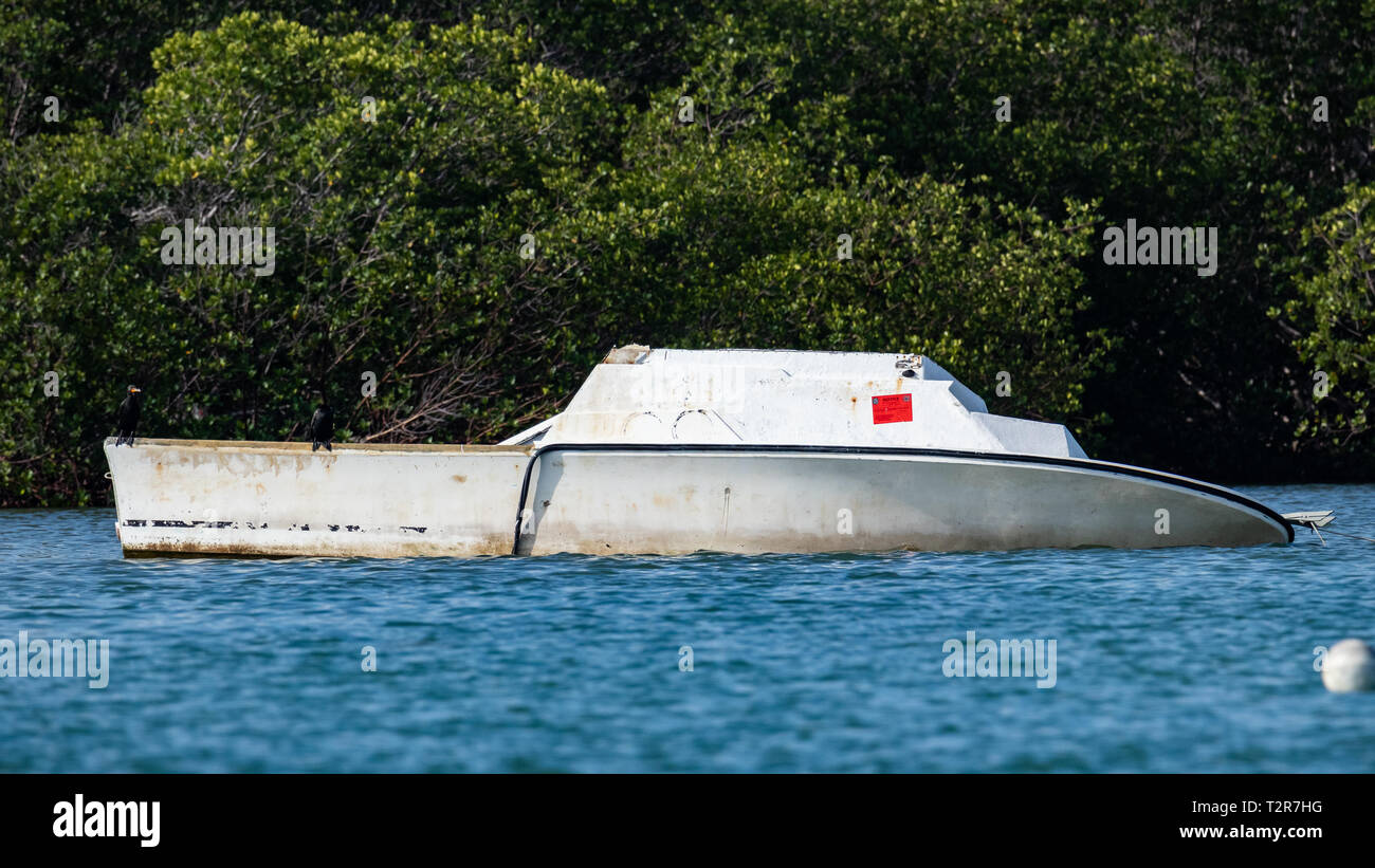 Deserted boat sunk as aftermath of hurricane Irma Marathon, FL USA March 25 2019 Stock Photo