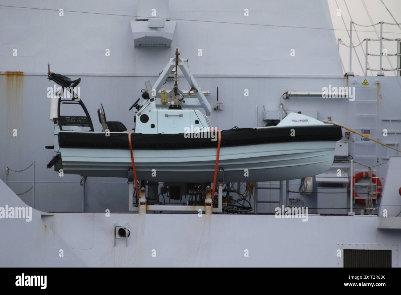 A Palfinger FRSQ 600 rescue craft on board HNLMS Friesland (P842), a Holland-class offshore patrol vessel operated by the Royal Netherlands Navy. Stock Photo