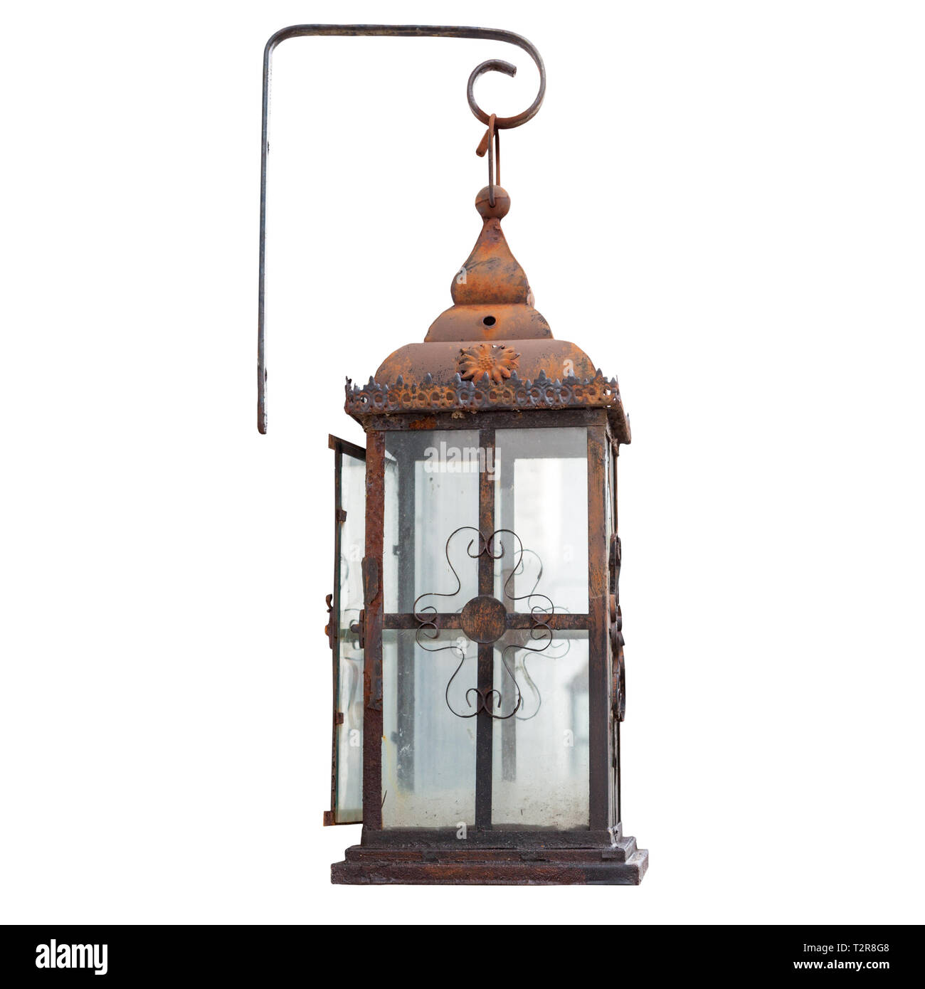 Old vintage rusty street lamp lantern isolated on white background, real picture, front view of one cut out object Stock Photo
