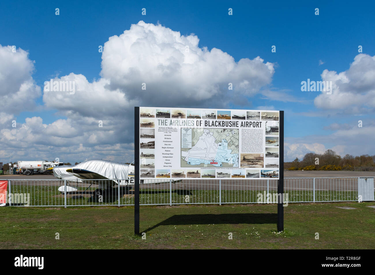 Information board at Blackbushe Airport about the airlines flying from the airfield in Hampshire, UK Stock Photo