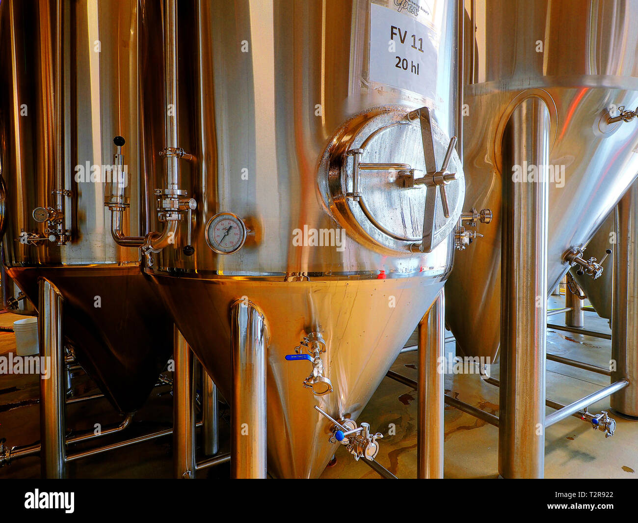 Stainless steel tanks at Legal craft brewery in Arlington, Texas