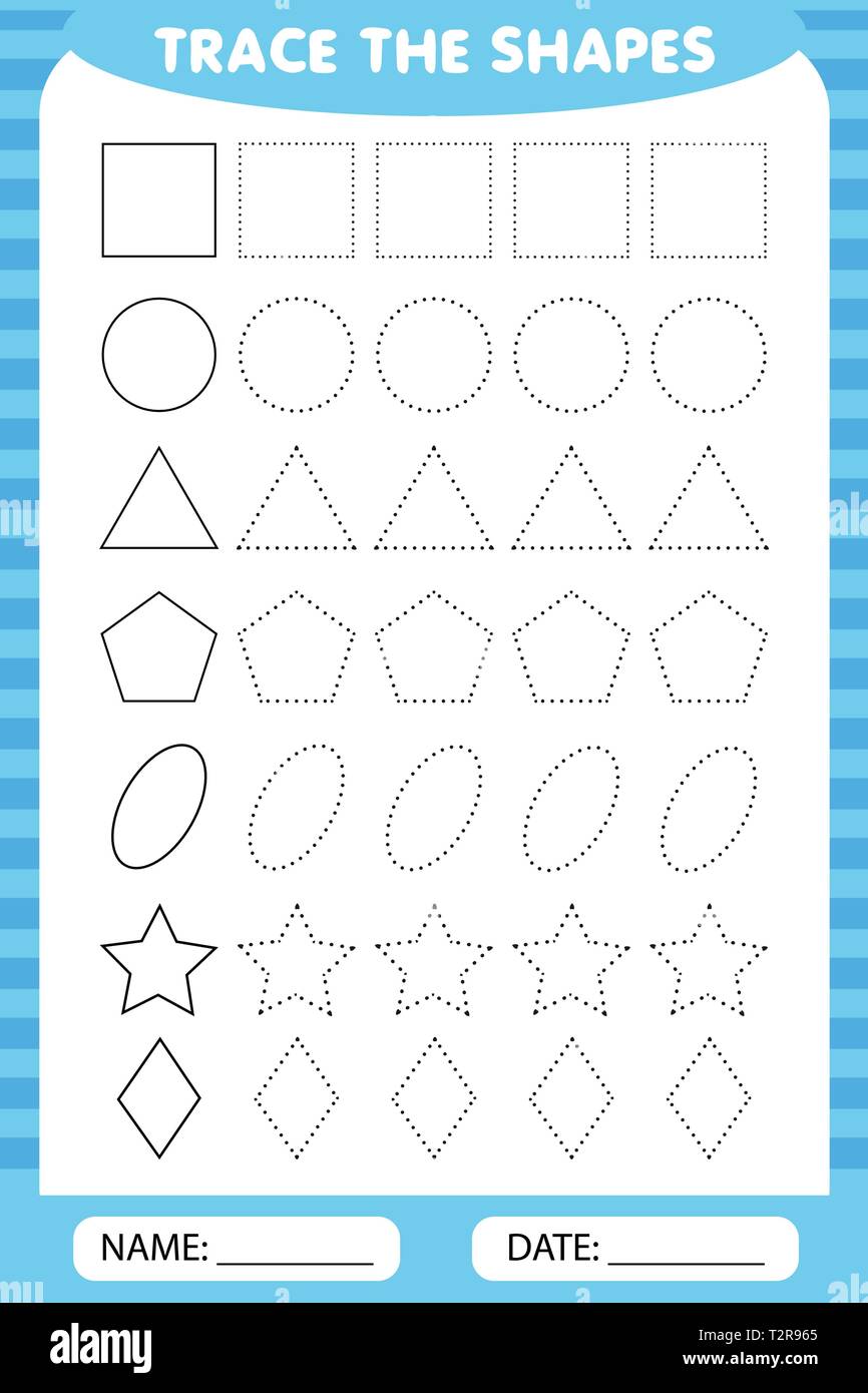 learning for children, drawing tasks. trace the geometric shapes around the contour. Stock Vector