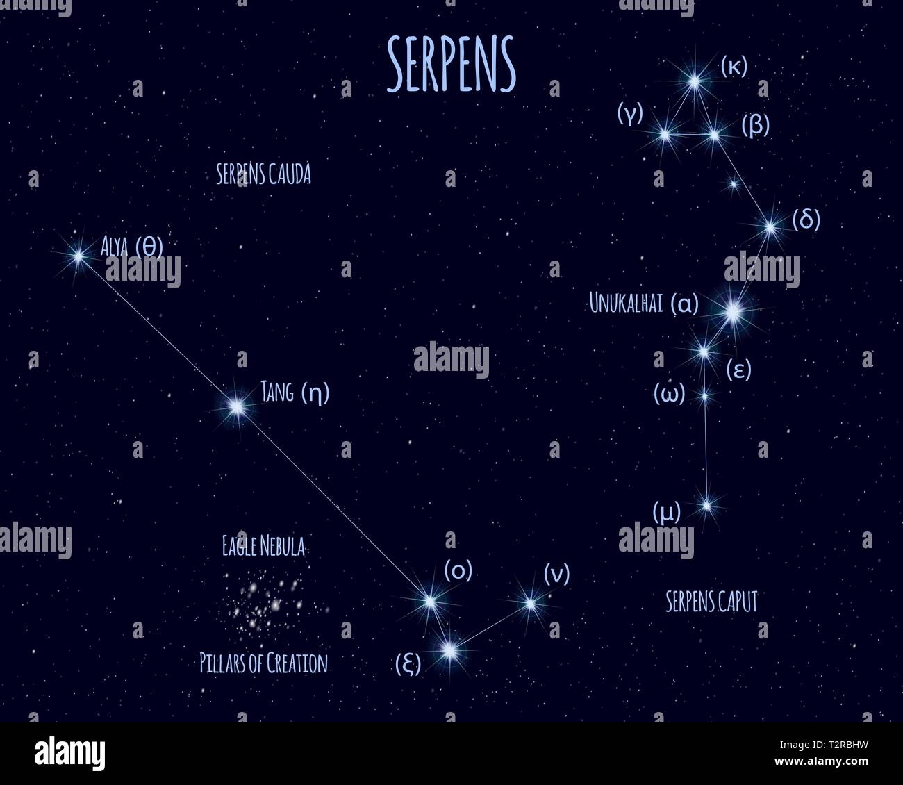 Serpens (The Snake) constellation, vector illustration with the names of basic stars against the starry sky Stock Vector