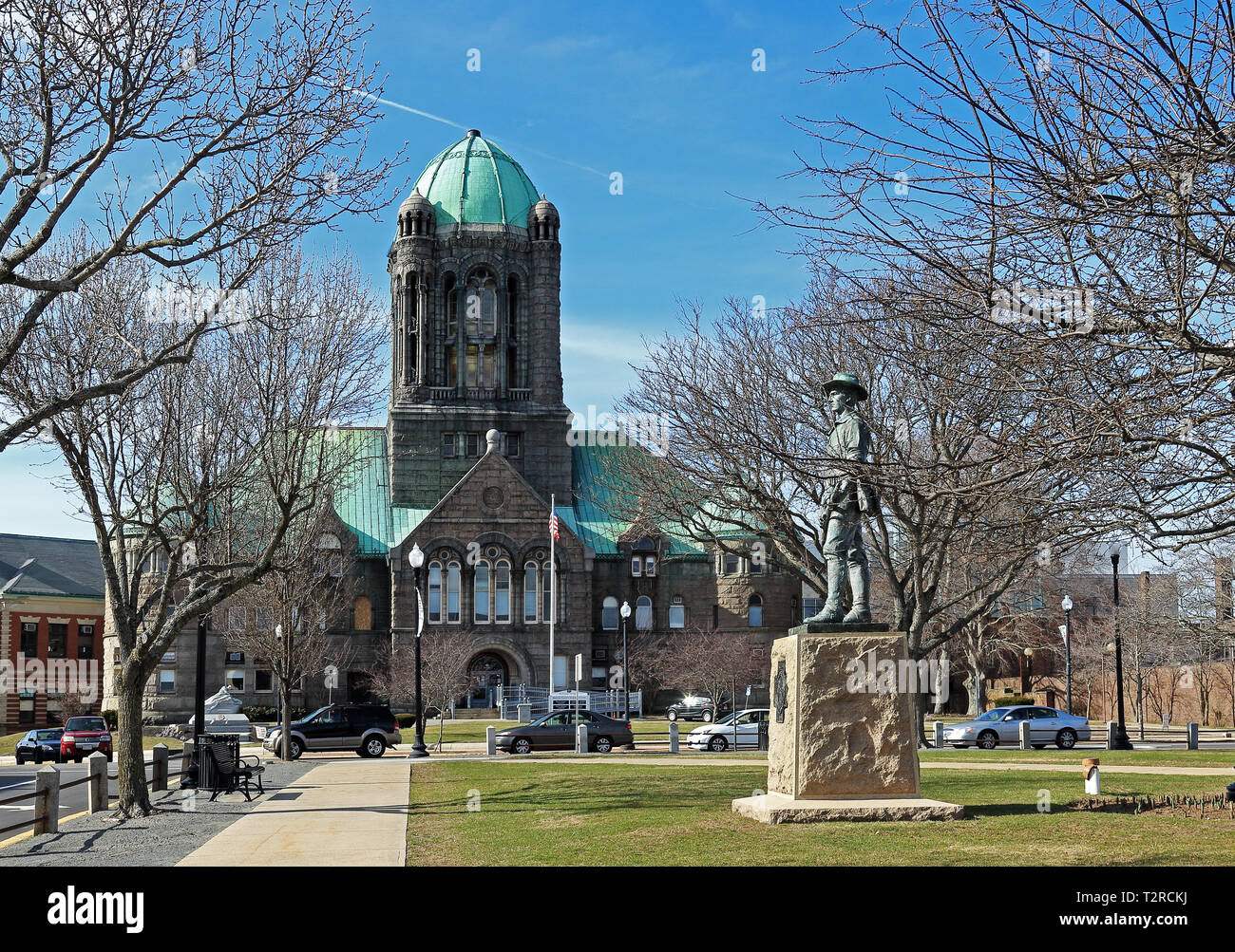 The Bristol County Courthouse building and The Hiker statue in Taunton