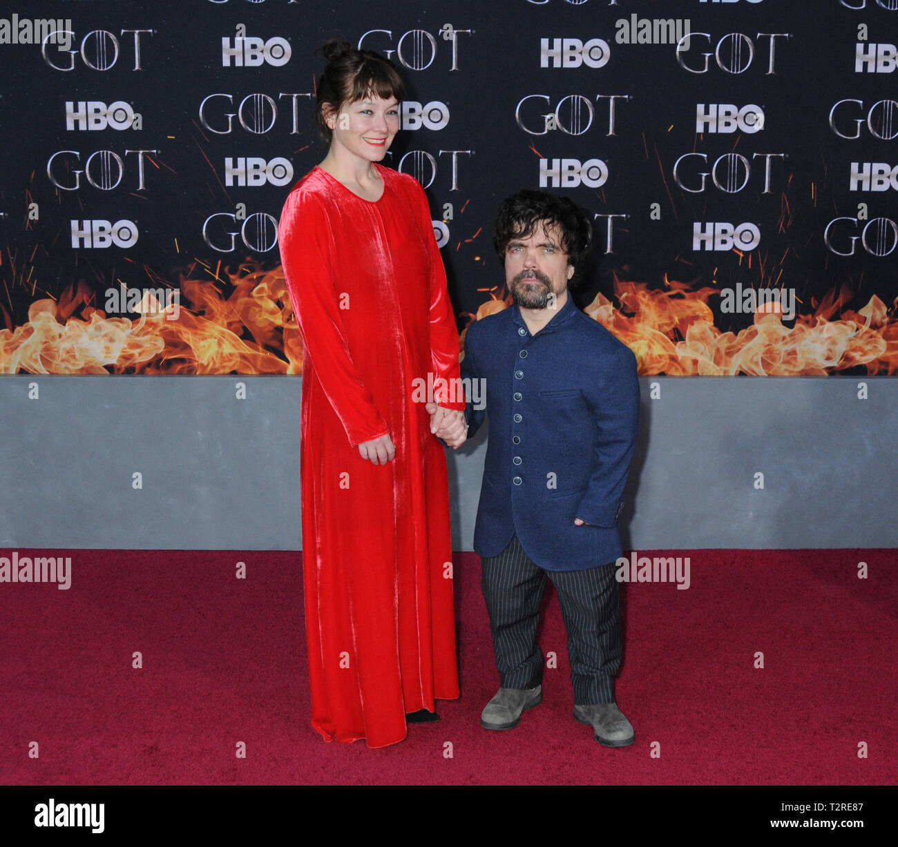 March 27, 2019 - New York, New York, U.S. - 03 April 2019 - New York, New York - Erica Schmidt and Peter Dinklage at the NYC Red Carpet Premiere for final season of HBO's ''GAME OF THRONES'' at Radio City Music Hall. Photo Credit: LJ Fotos/AdMedia (Credit Image: © Ylmj/AdMedia via ZUMA Wire) Stock Photo