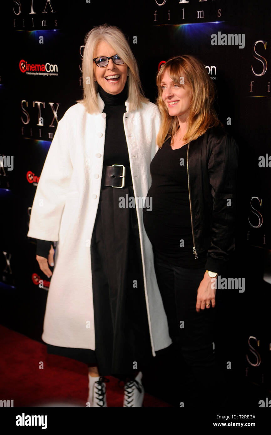 L-R) Actress Diane Keaton and director Zara Hayes arrive at the STXfilms  presentation red carpet for CinemaCon's "The State Of The Industry: Past,  Present and Future" at The Colosseum at Caesars Palace