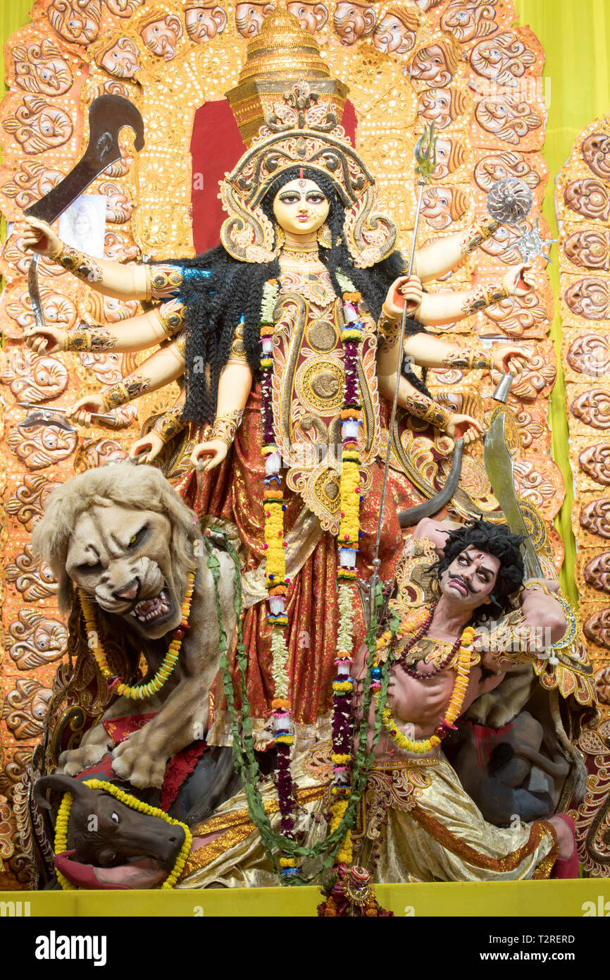 Kolkata, INDIA - OCTOBER 7, 2016: Potrait Of Goddess Durga idol at a South Kolkata famous Durga puja temple (pandal) on "Maha Ashtami". Stock Photo