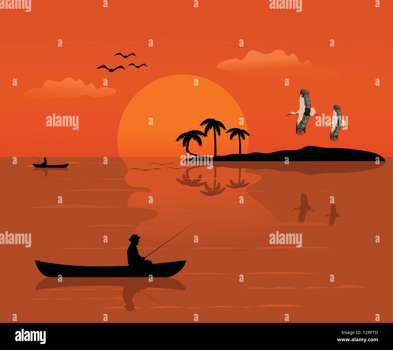 Silhouette of a man on a small boat that is fishing There is an island ...