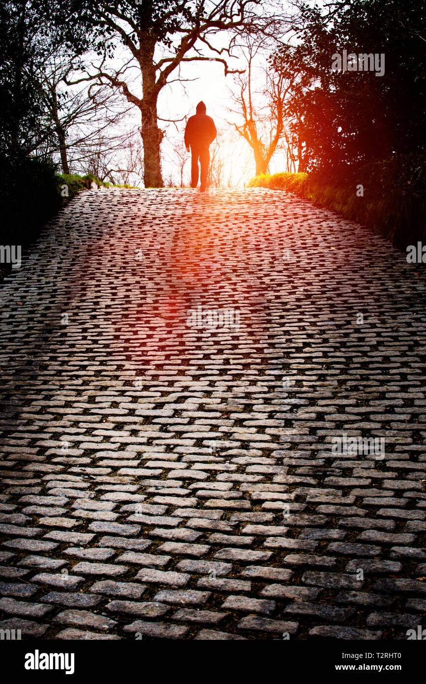Hooded man at end of cobbled drive Stock Photo