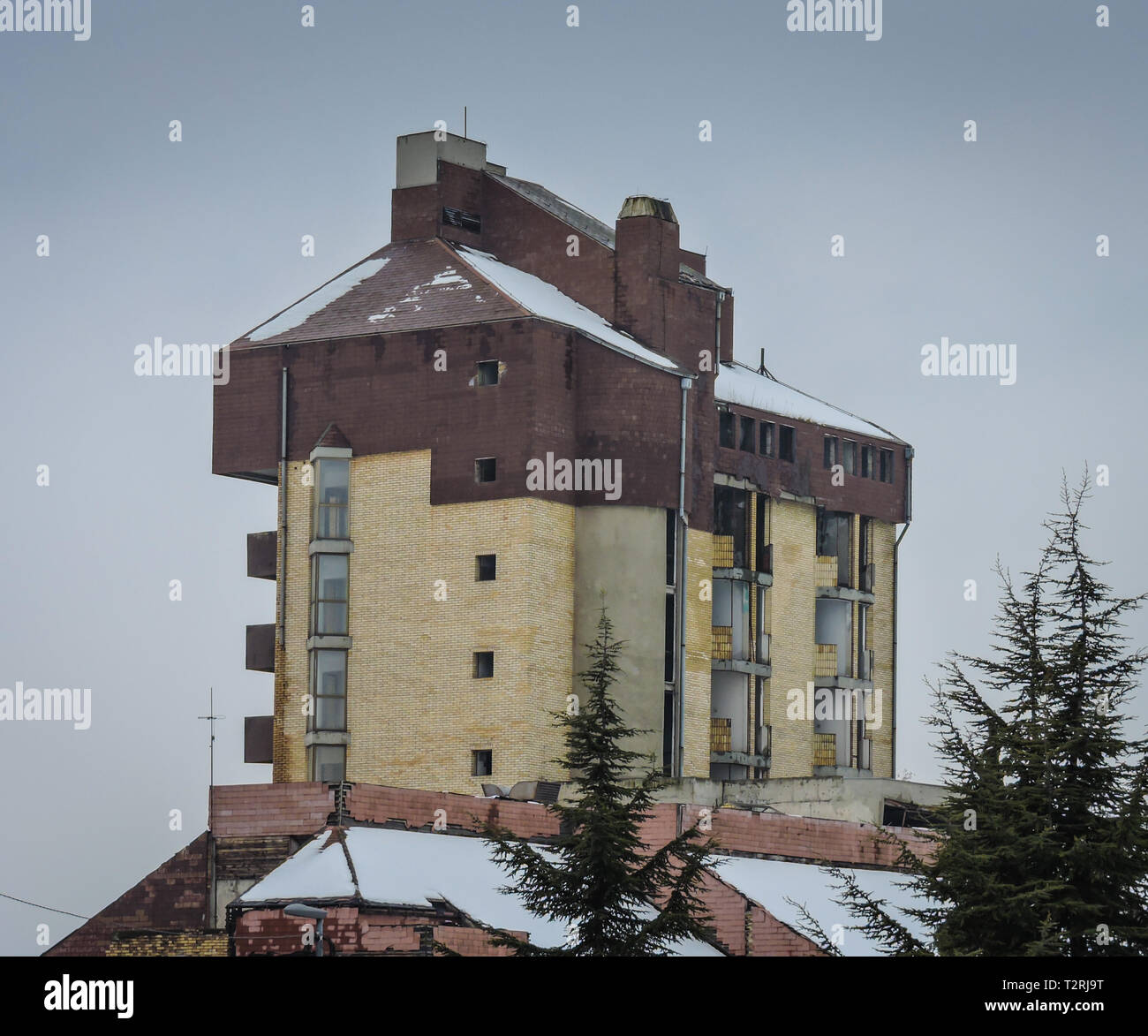 Vukovar, Croatia 1/30/2019: Hotel Dunav in winter time covered with snow Stock Photo