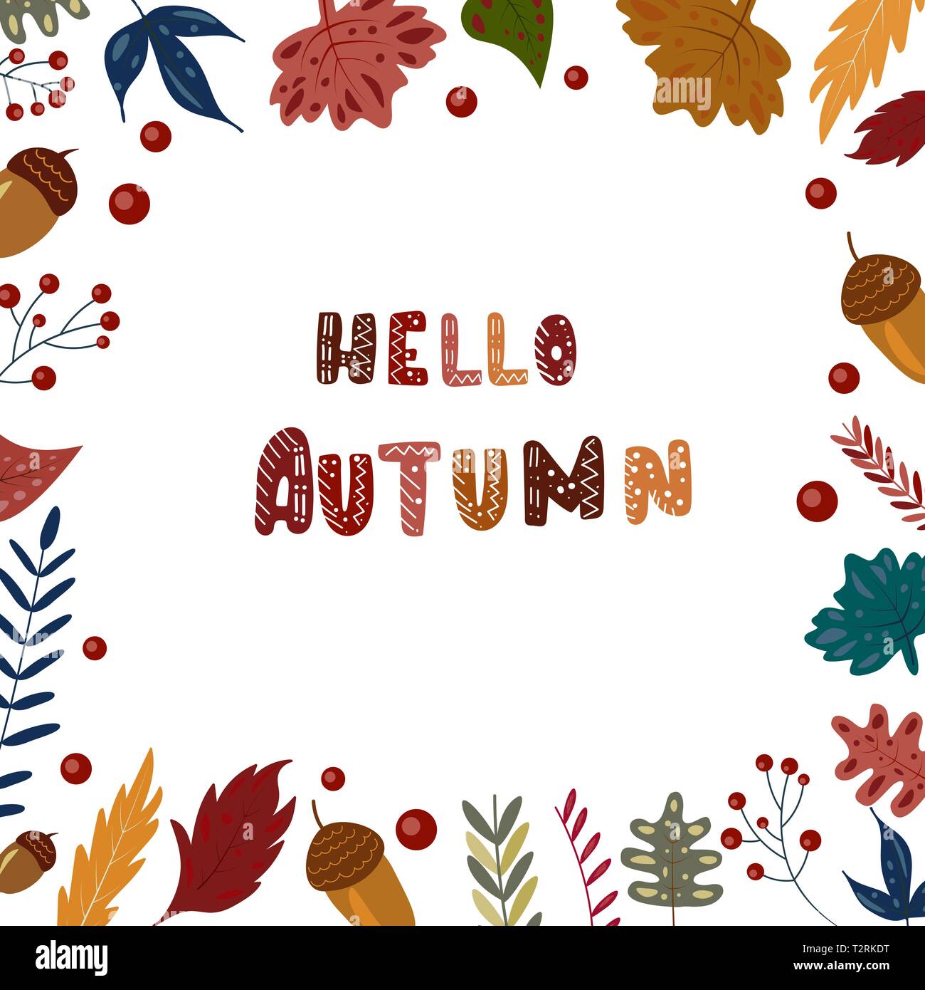 Autumn frame background with lettering, leaves, acorn on white. Vector ...