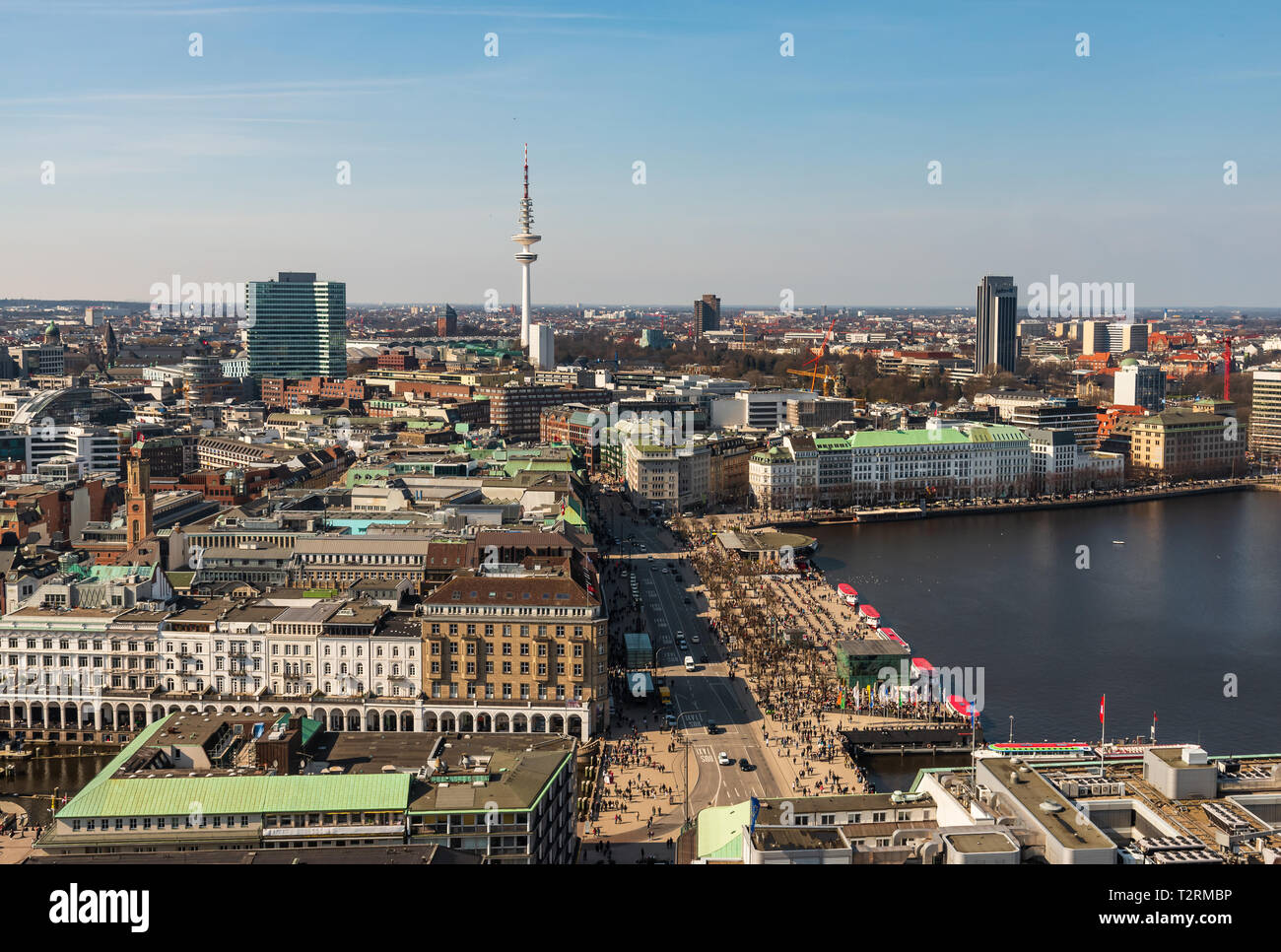 aerial view of Alster lake with crowded Jungfernstieg in Hamburg on sunny day Stock Photo