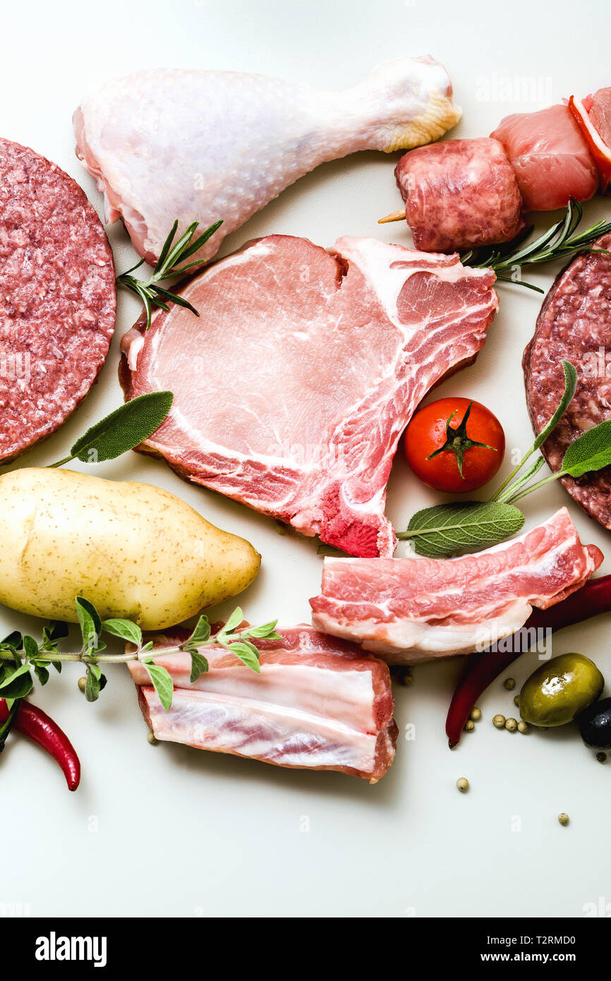 https://c8.alamy.com/comp/T2RMD0/different-types-of-raw-meat-chicken-thighs-pork-and-beef-burgers-ribs-and-kebabs-turkey-meatballs-ready-to-be-cooked-with-potatoes-hot-pepper-o-T2RMD0.jpg