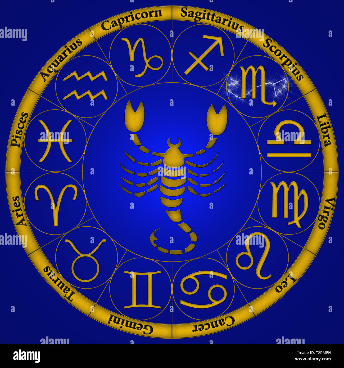 zodiac signs as golden reliefs on a bluegolden emblem Stock Photo Alamy