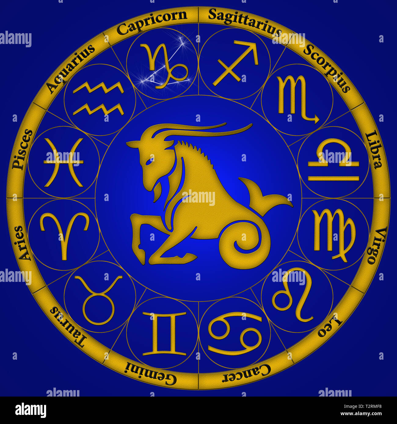 zodiac signs as golden reliefs on a bluegolden emblem Stock Photo Alamy
