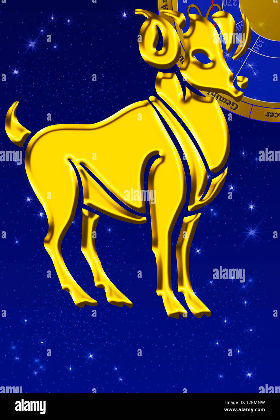 zodiac sign with star image as golden relief in front of a dark blue sky Stock Photo