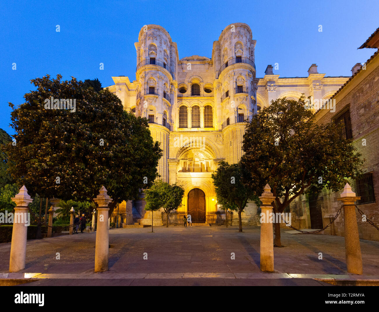 Malaga Cathedral entrance lit up at dusk, Malaga Andalusia Spain Europe Stock Photo