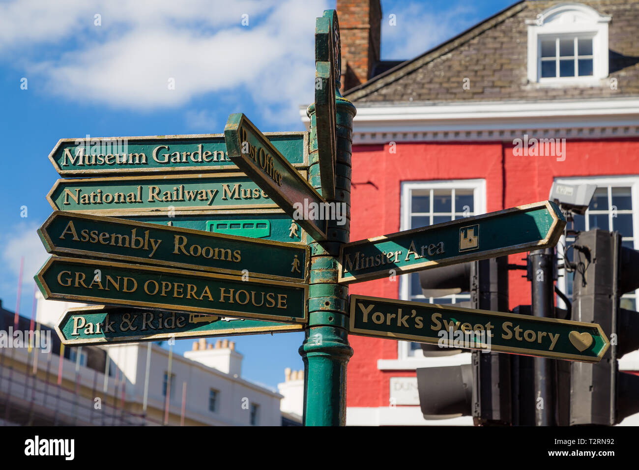 York, North Yorkshire. Signpost giving directions to landmarks in the city. Stock Photo