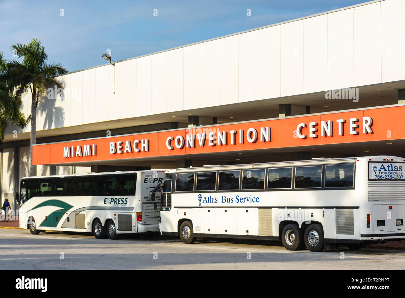 Miami Beach Florida,Miami Dade,Miami Beach Convention Center,centre,hall,venue,outside exterior,front,entrance,signs,charter bus,coach,buses,vehicles, Stock Photo