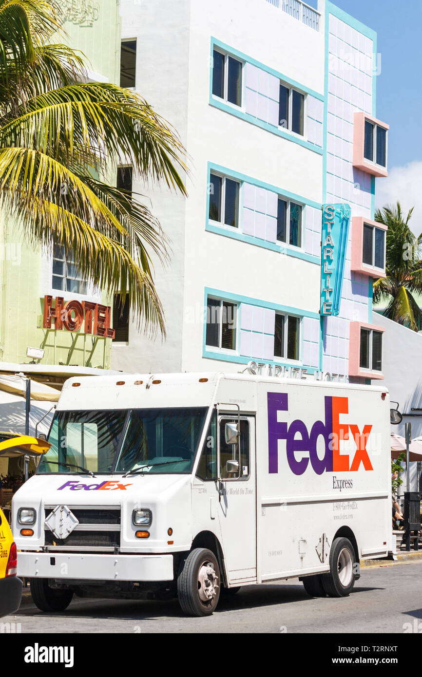 Miami Beach Florida,Ocean Drive,Art Deco hotel,hotels,Starlite,outside exterior front,entrance,FedEx,corporation,global company,truck,parked,overnight Stock Photo