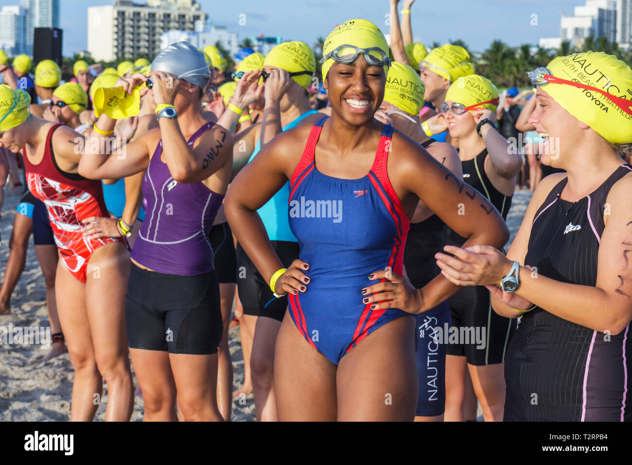 Miami Beach Florida,Nautica South Beach Triathlon,Atlantic Ocean,water,shore,sport,fitness,swim segment,swimmer,athlete,competitors,waiting for start, Stock Photo