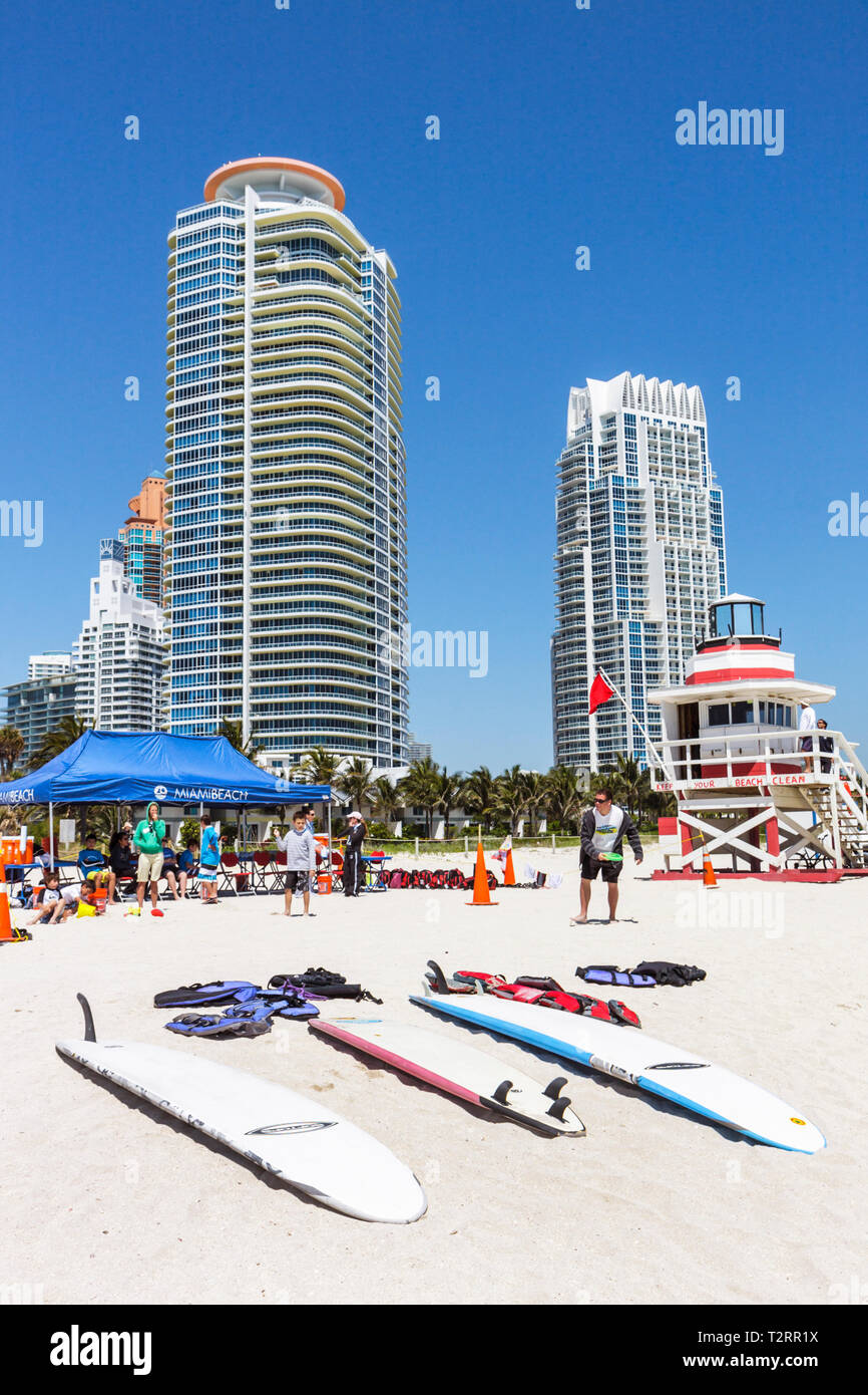 Miami Beach Florida,Atlantic Ocean,water,Recreation Department Surf Camp,high functioning autism,Aspergers Syndrome,PDD NOS,tent,group,boy boys male k Stock Photo