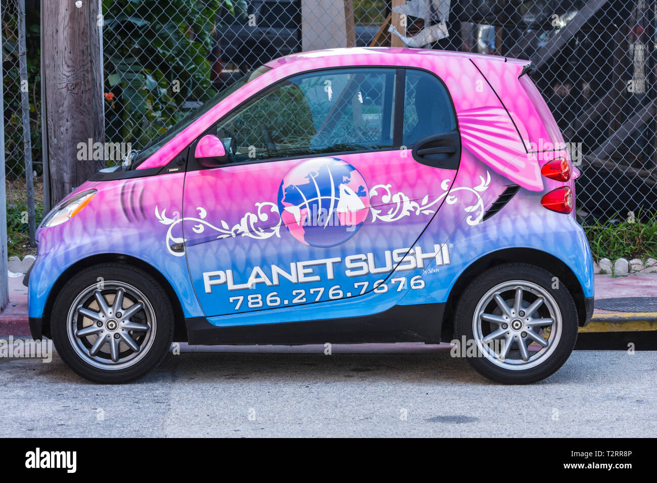 Miami Beach Florida,Planet Sushi,restaurant restaurants food dining cafe cafes,smart fortwo,coupe,car,auto,fuel efficient,ultra low emission vehicle,c Stock Photo