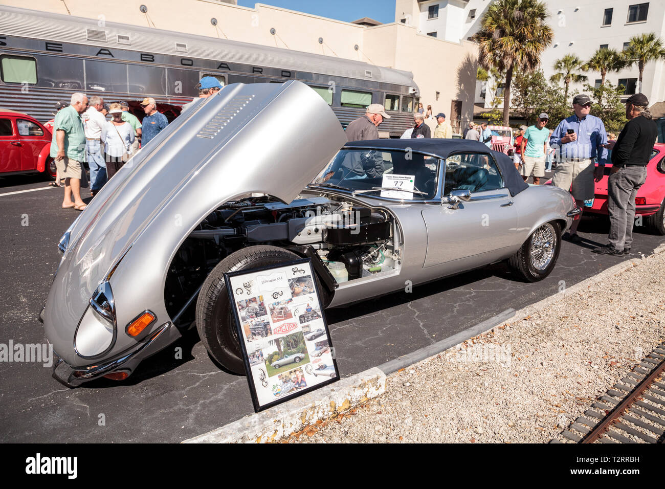 Naples, Florida, USA – March 23,2019: Silver 1974 Jaguar XK-E at the 32nd Annual Naples Depot Classic Car Show in Naples, Florida. Editorial only. Stock Photo