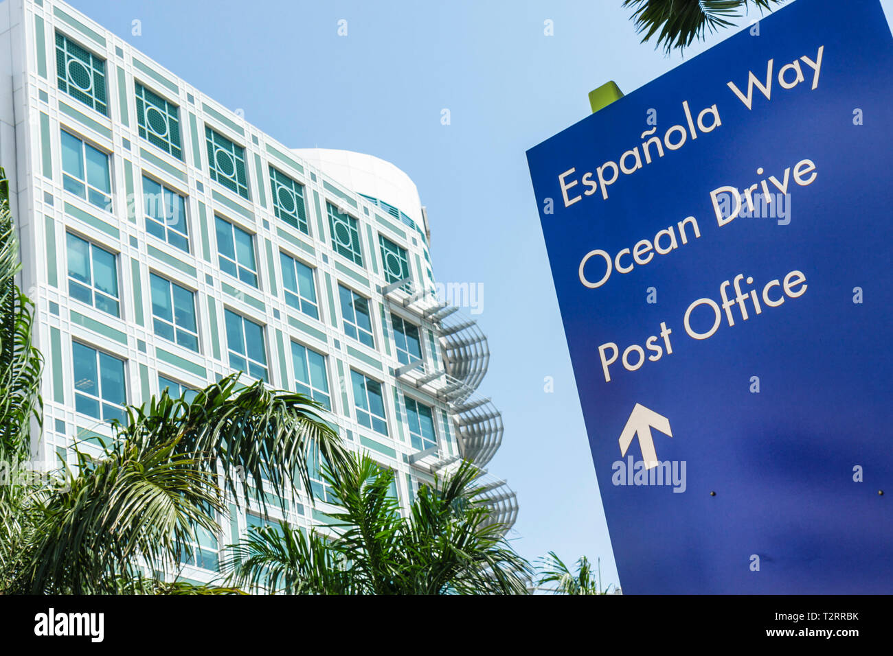 Miami Beach Florida,Washington Avenue,street,sign,direction,Ocean Drive,Post Office,building,windows,architecture FL090417026 Stock Photo