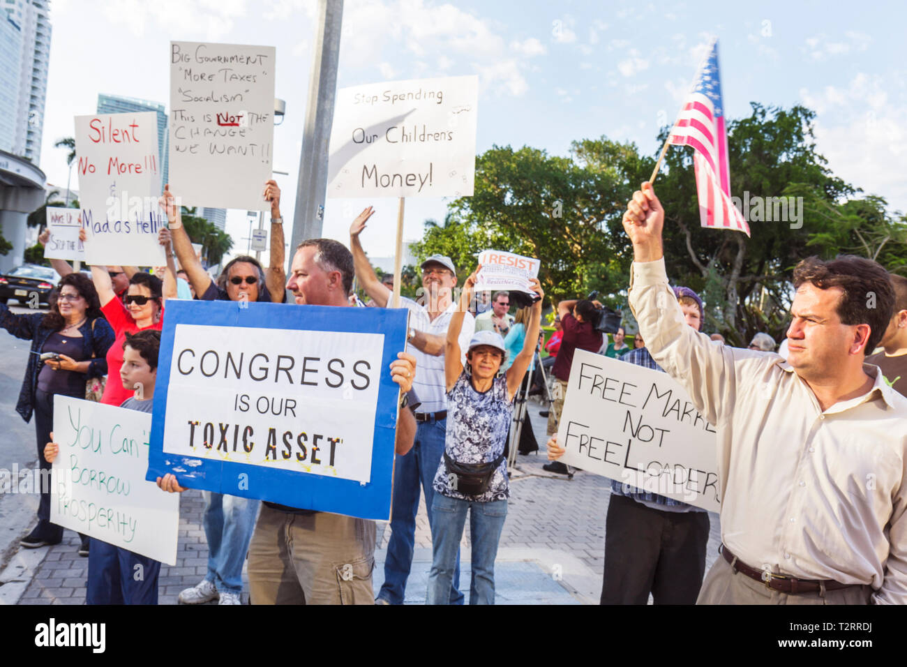 Miami Florida,Biscayne Boulevard,TEA tax party,protest,anti,government,Republican Party,right,sign,logo,protester,free speech,opinion,dissent,adult ad Stock Photo