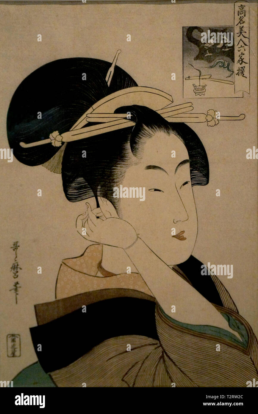 Renowned Beauties Likened to the Six Immortal Poets:Tatsumi Roko, by Kitagawa Utamaro, woodblock print, Edo Period Stock Photo