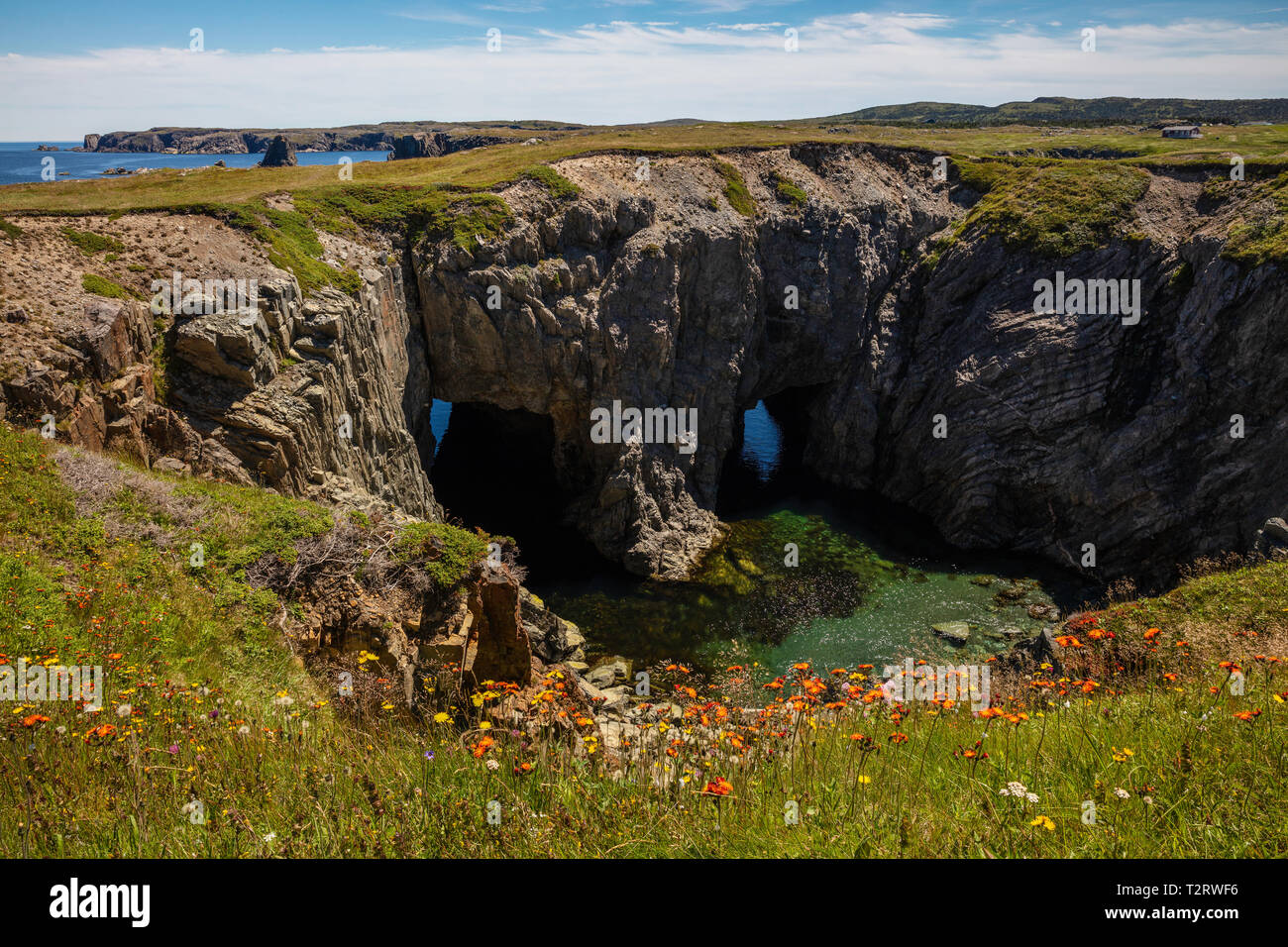 The Dungeon sea caves, Dungeon Provincial Park, Bonavista Peninsula, Newfoundland, Canada Stock Photo