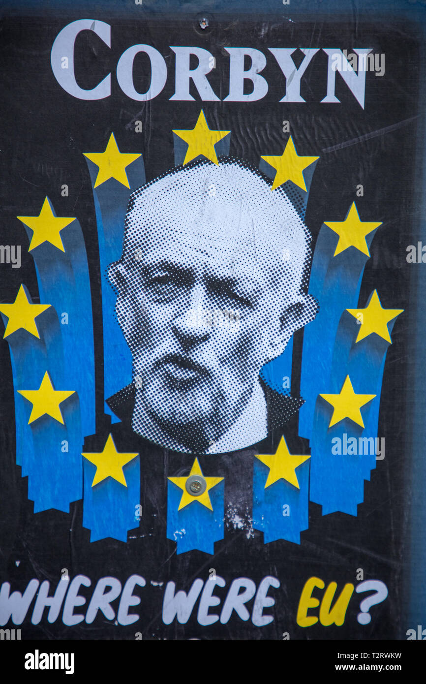 Political motivated representation of the opposition leader Jeremy Corbyn by Brexit campaigners opposite Parliament, London, asking Where were eu Stock Photo