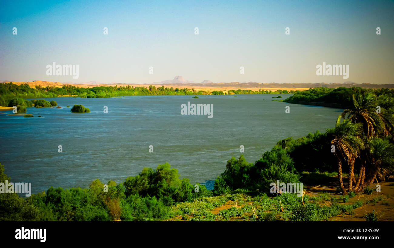 Panoramic landscape with the Nile river near Sai island at Kerma, Sudan Stock Photo