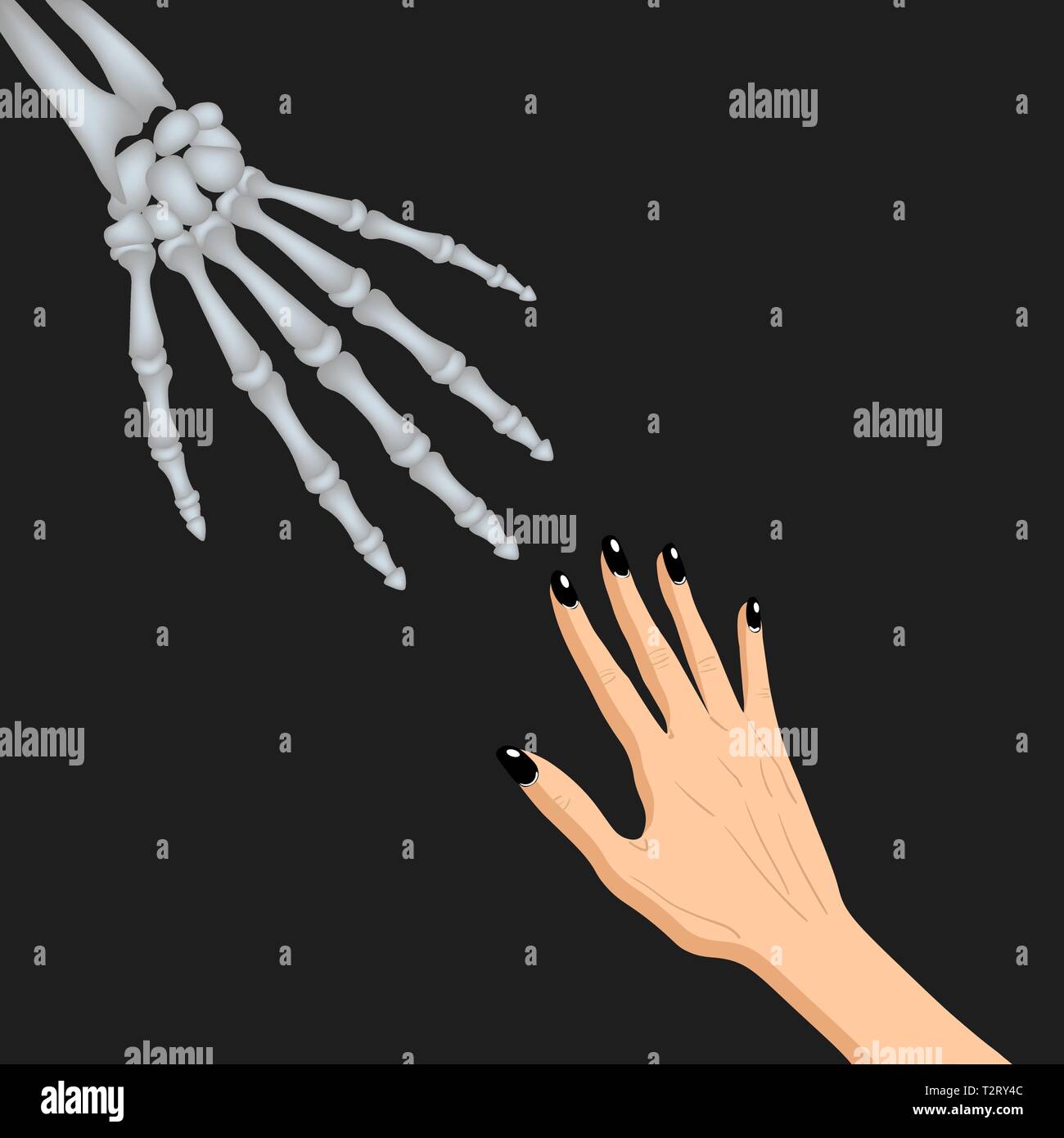 Adead skeleton hand and a human hand together, vector illustration isolated Stock Vector