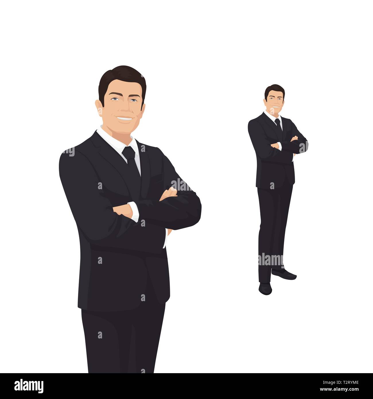 Elegant businessman in black costume. Boss, businessman. Smile. People character. Portrait of Full length. Front view man. Standing Person. Isolated. Stock Vector