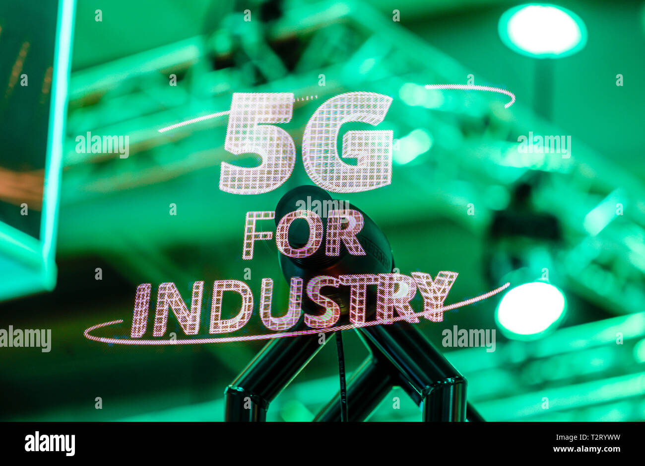 Hanover, Lower Saxony, Germany - 5G for Industry Projection at the Hanover Fair. Hannover, Niedersachsen, Deutschland - 5G for Industry Projektion auf Stock Photo