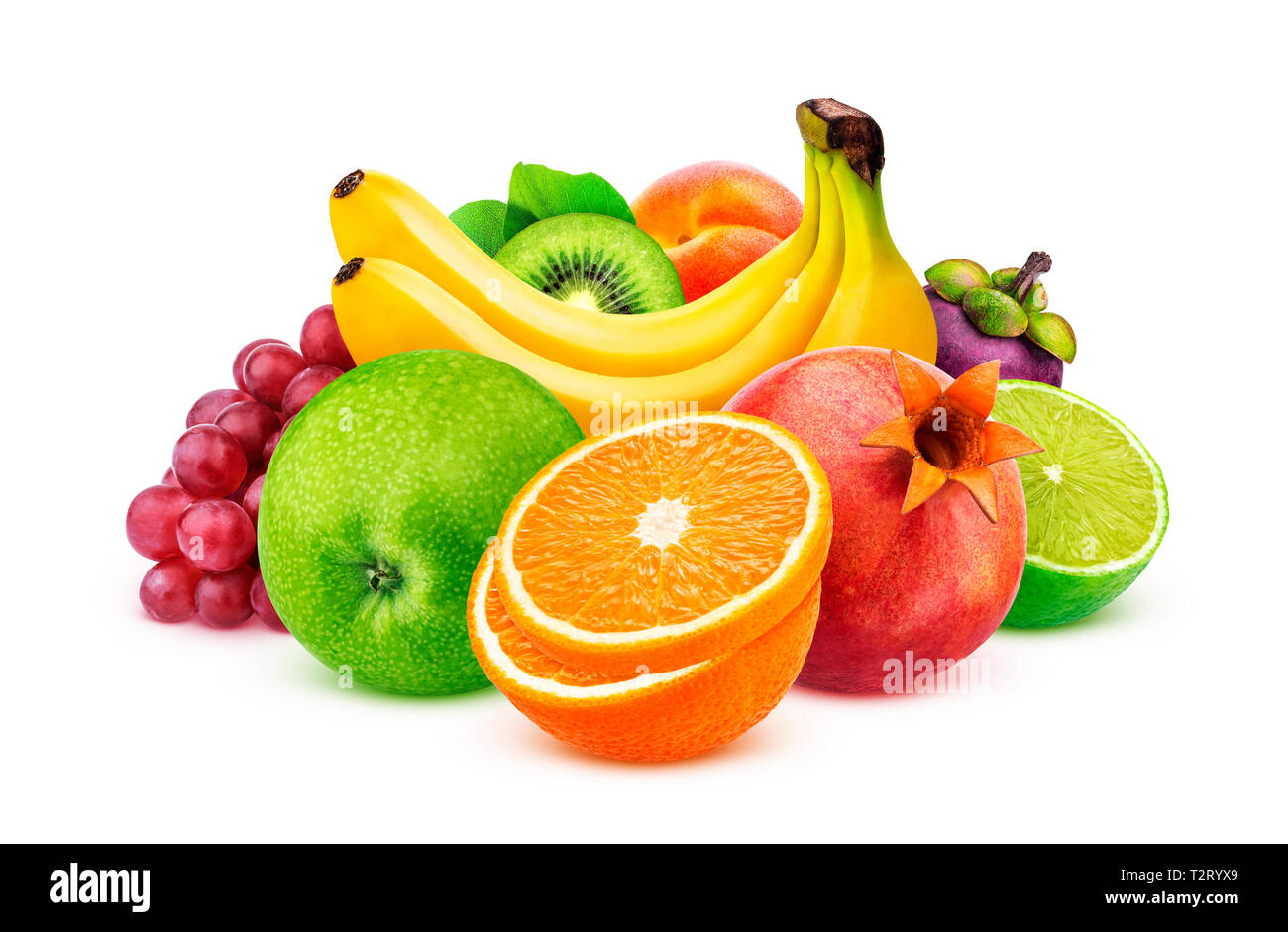 Assortment of fresh exotic fruits isolated on white background with clipping path, fresh and healthy food mix Stock Photo
