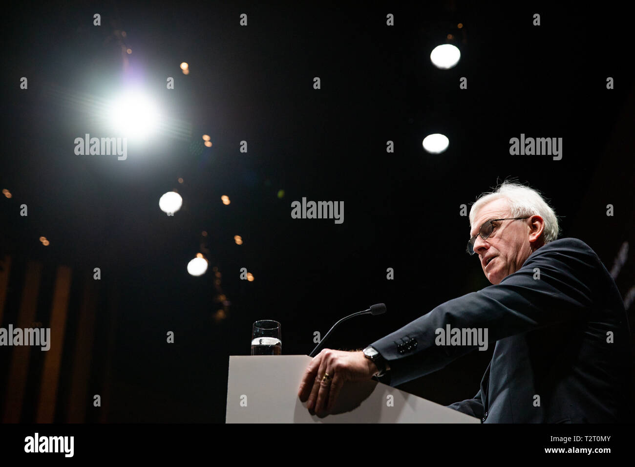 Shadow Chancellor of the Exchequer, John McDonnell, gives a speech to businesses leaders at the Bloomberg European headquarters in London. Stock Photo