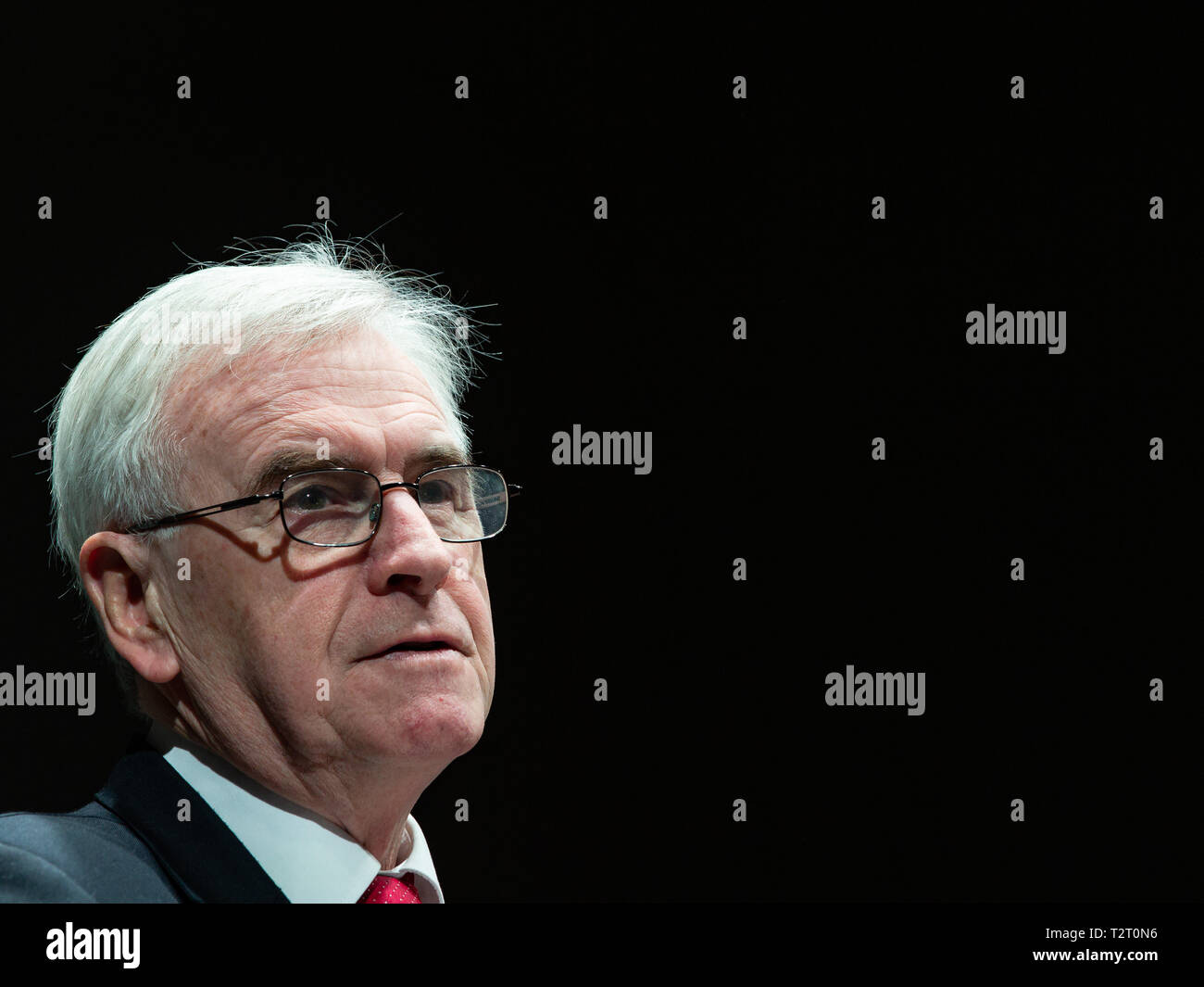 Shadow Chancellor of the Exchequer, John McDonnell, gives a speech to businesses leaders at the Bloomberg European headquarters in London. Stock Photo